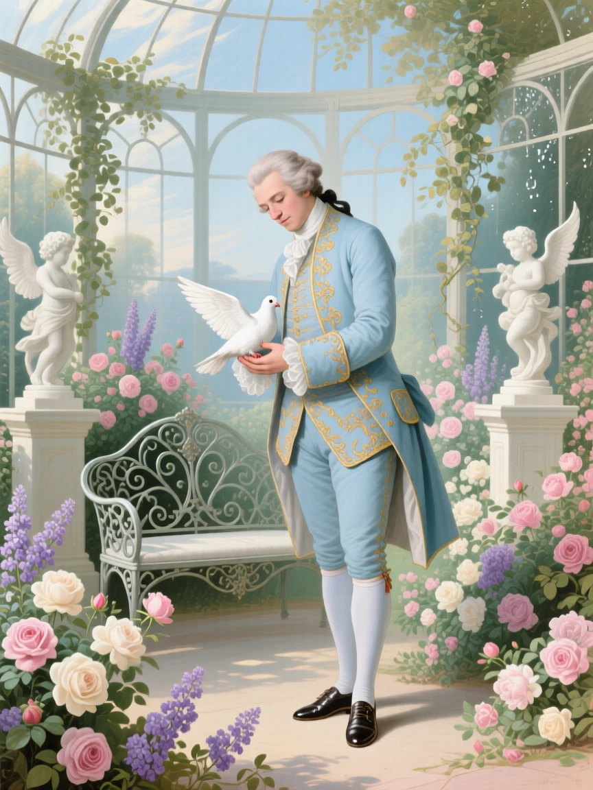 A gentleman tending a wounded dove in a garden conservatory  