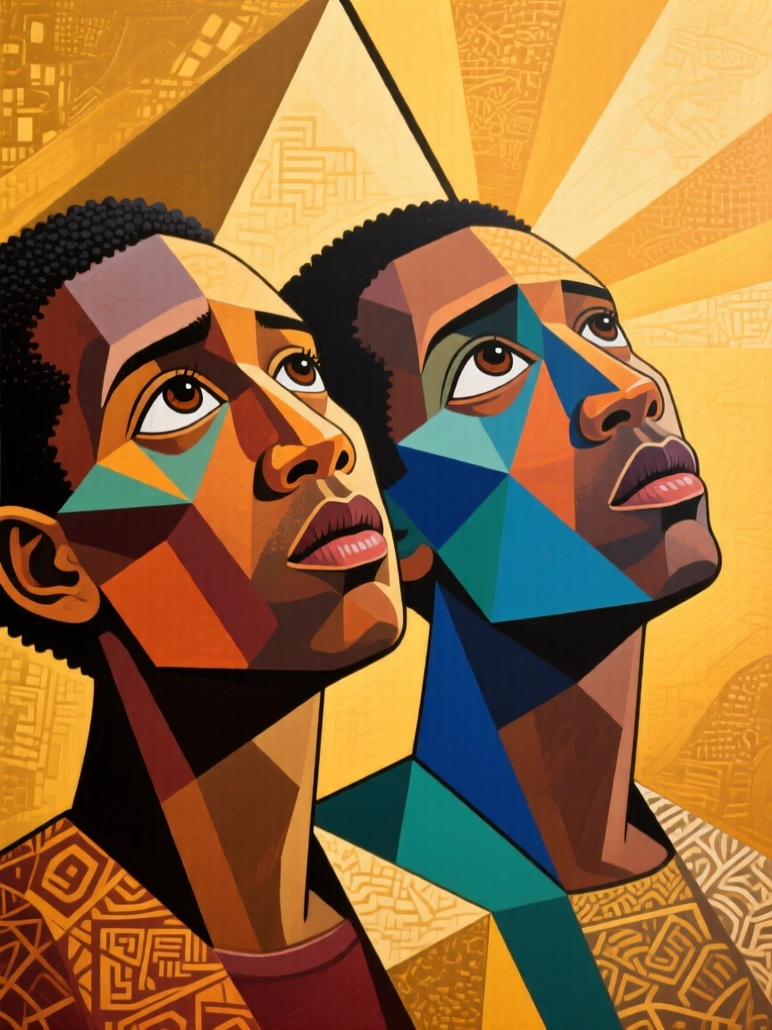 A close-up portrait of twin brothers of Ethiopian heritage, looking up in awe, against a warm golden backdrop.