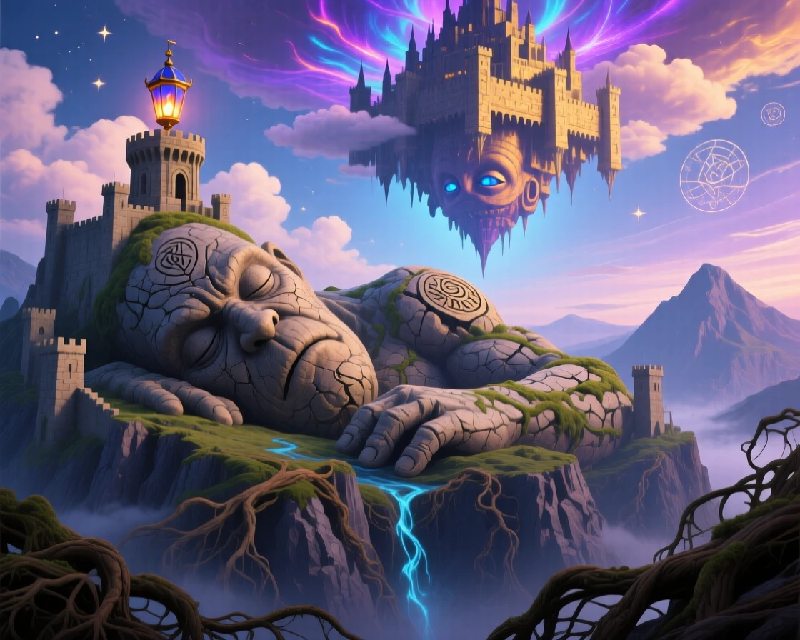 A fortress carved from a single sleeping giant reflects a version of itself upside down in the clouds, and a single lantern burns at its highest point.