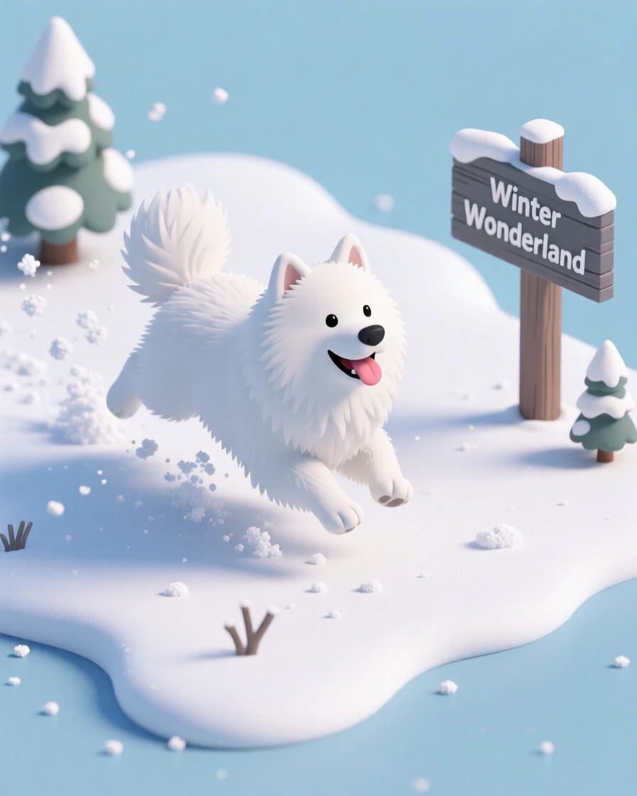 A fluffy Samoyed dog running joyfully through a snowy field, tongue out and tail wagging, kicking up powder with every leap.