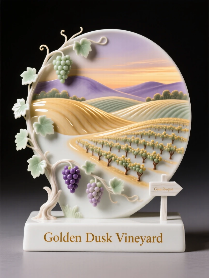 A tranquil rolling vineyard hills at dusk, bathed in warm golden light.