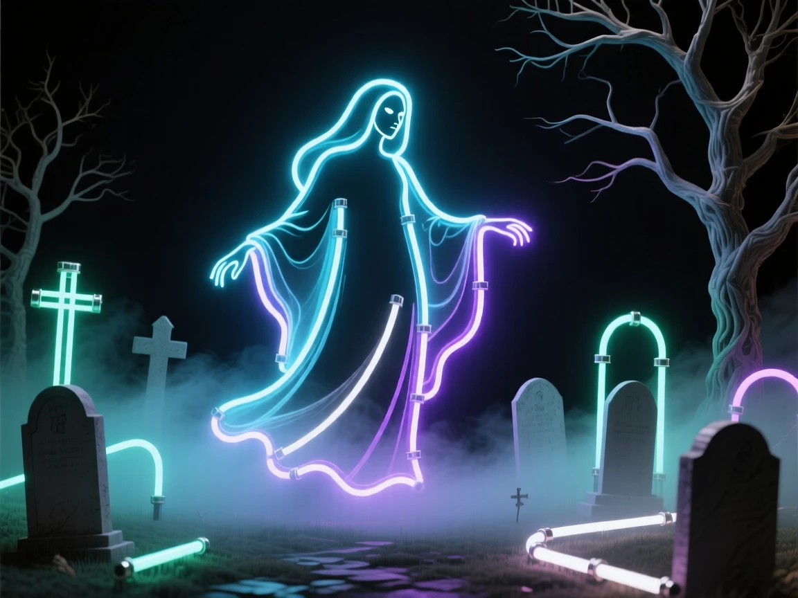 A banshee drifting through a foggy graveyard.