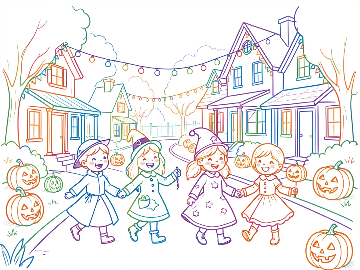 Children in costumes trick-or-treating along a decorated neighborhood street.