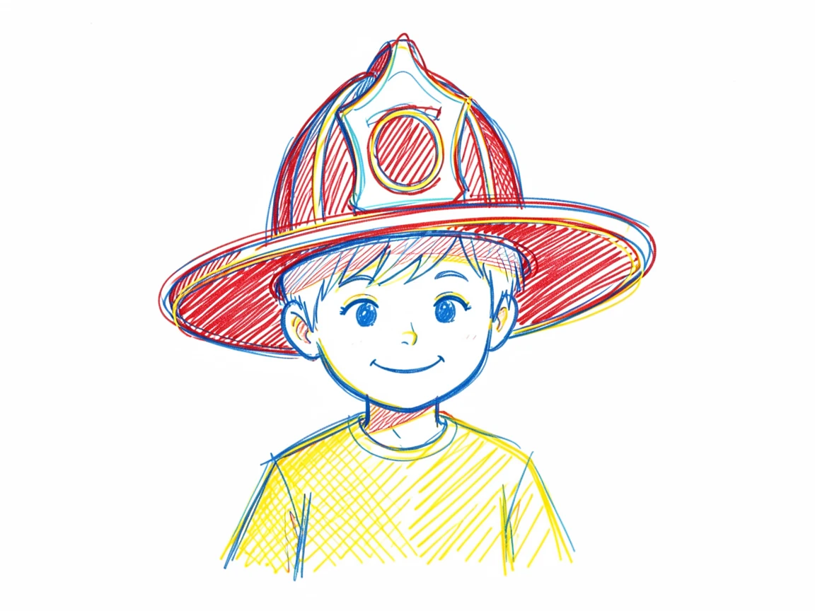 A little boy proudly wearing an oversized firefighter helmet