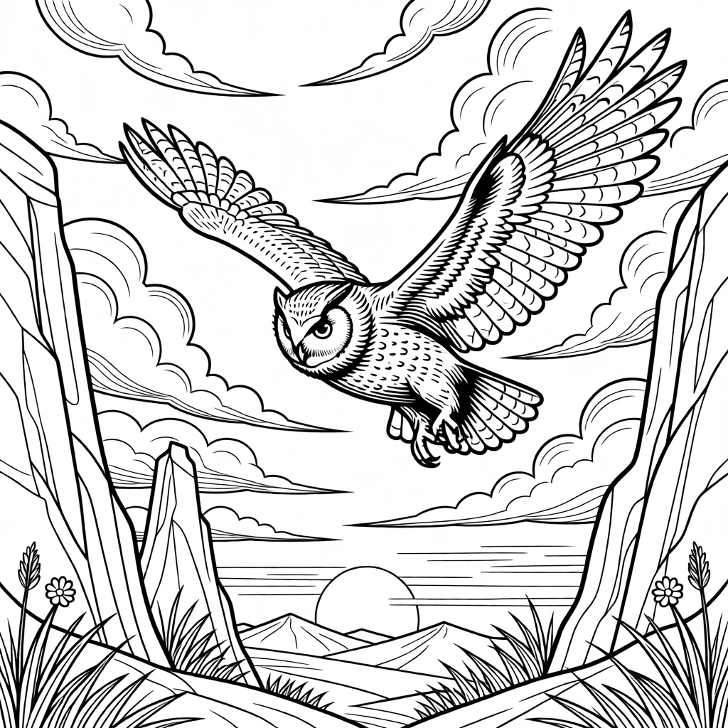 A barn owl gliding through storm clouds at sunset, framed by jagged rock formations.