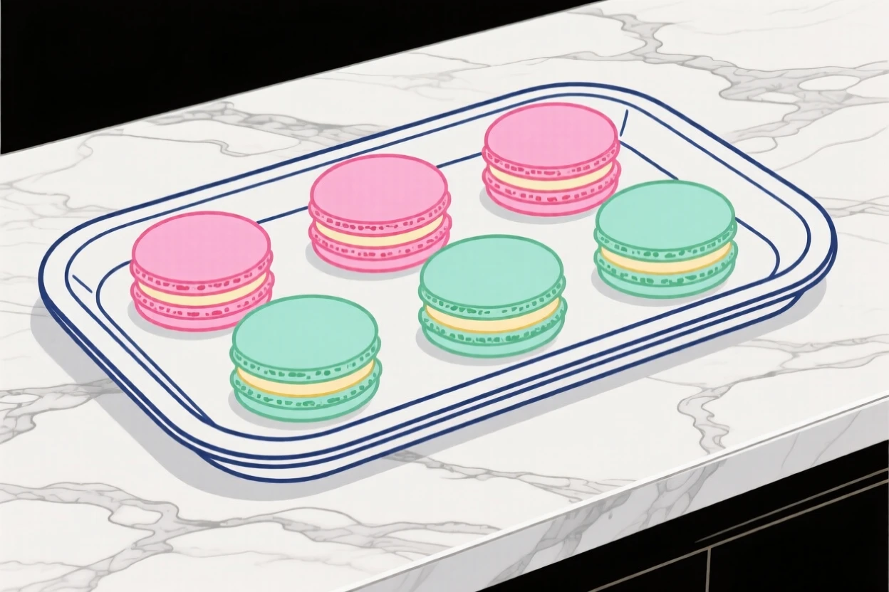 A tray of colorful macarons arranged on a marble counter.