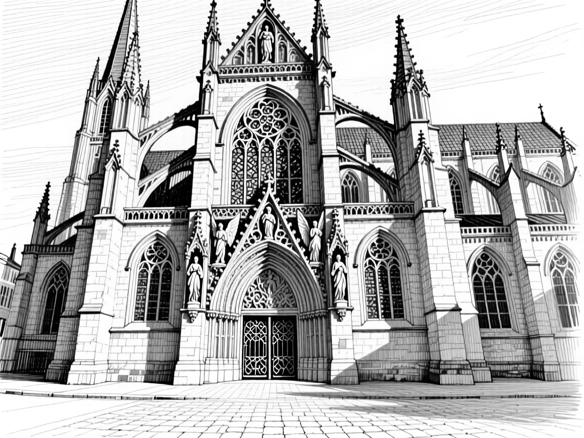 A grand gothic cathedral on a quiet early morning, featuring ornate carvings along the facade, rendered in a peacefully picturesque architectural composition.