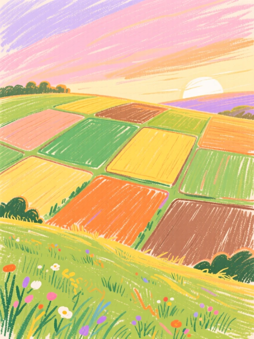 A patchwork of farmland fields seen from a hillside at dawn.
