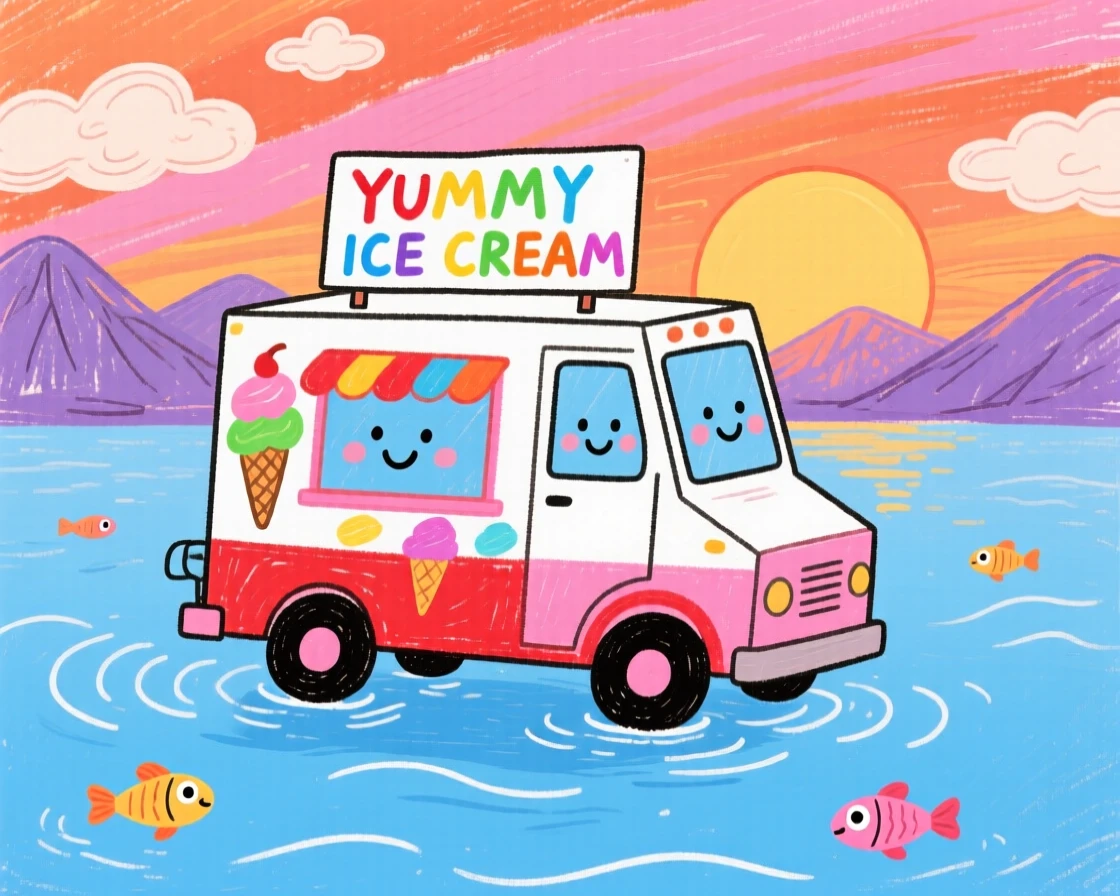 A cheerful ice cream truck gliding over a quiet lake at sunset.