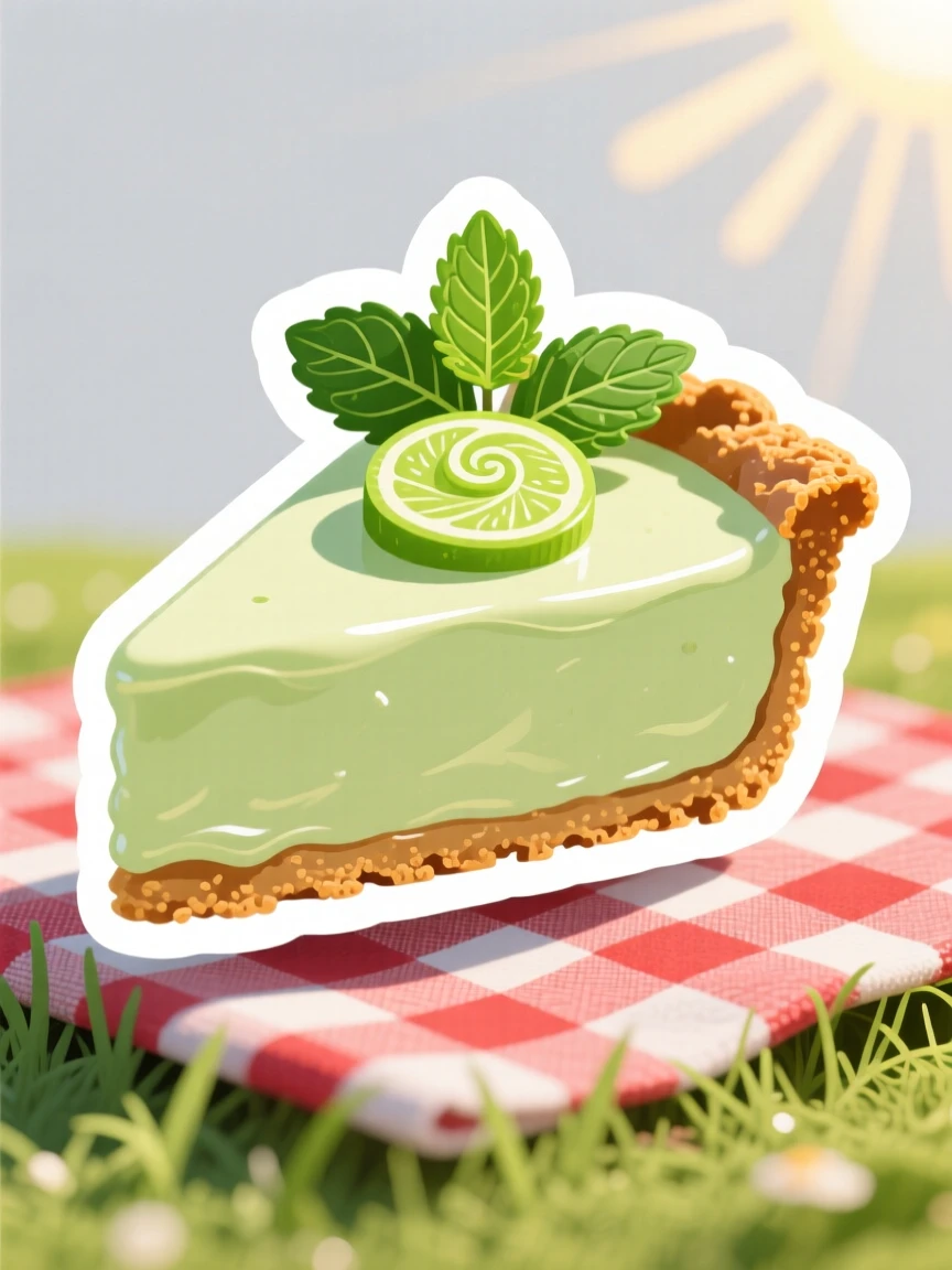 A picture-perfect slice of key lime pie with a lime twist, garnished with a sprig of fresh mint, in a sunny outdoor picnic setting.