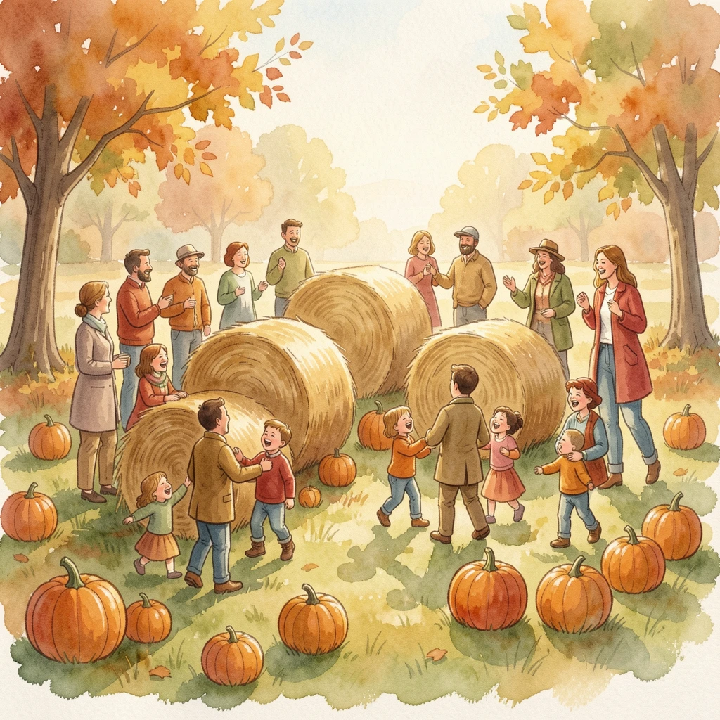 A harvest festival with hay bales and pumpkins surrounded by joyful family and friends.