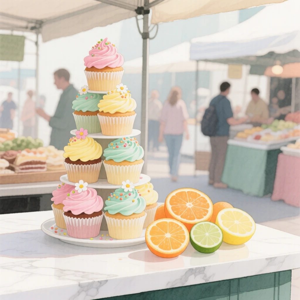 A tower of cupcakes sits on a marble counter beside citrus slices at a bustling market stall, arranged beautifully for a delightful meal