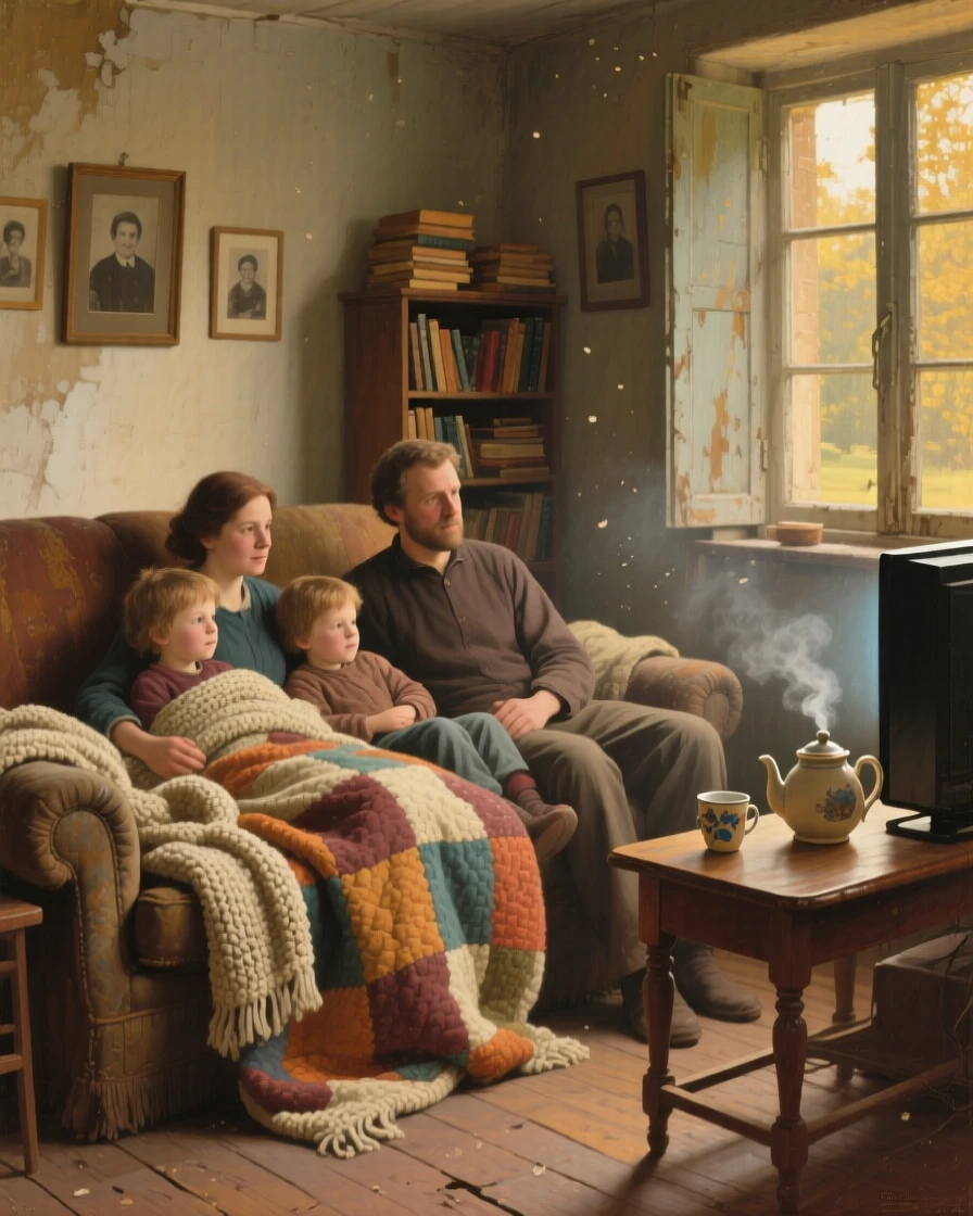 A family watching a movie together, piled onto the couch under blankets, with warm afternoon light streaming through nearby windows, evoking warmth, nostalgia, and heartfelt connection