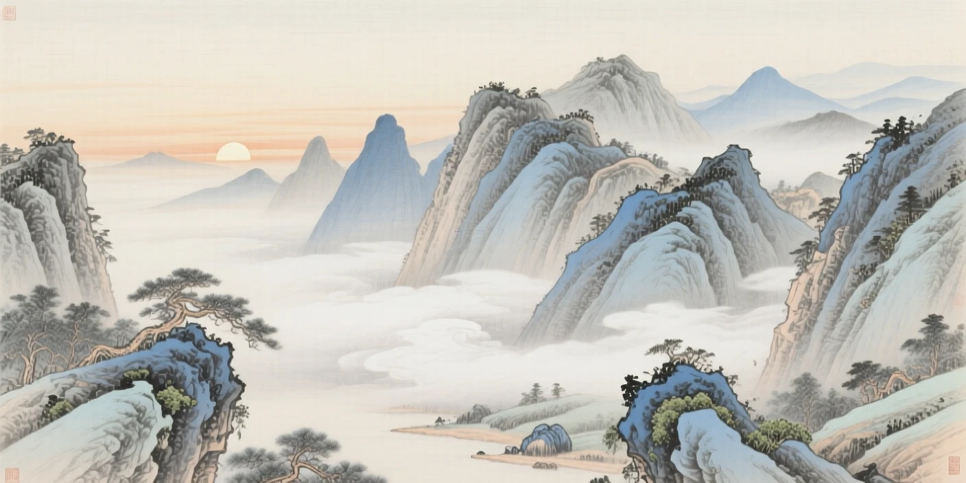 A misty mountain range at dawn, with wisps of cloud drifting through the valley below