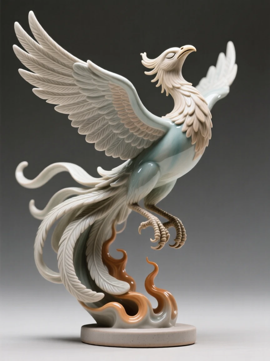 A phoenix rising in a burst of feathers caught in a graceful, weightless leap, with delicate feathers trailing like ribbons, capturing the enchantment of forgotten legend.