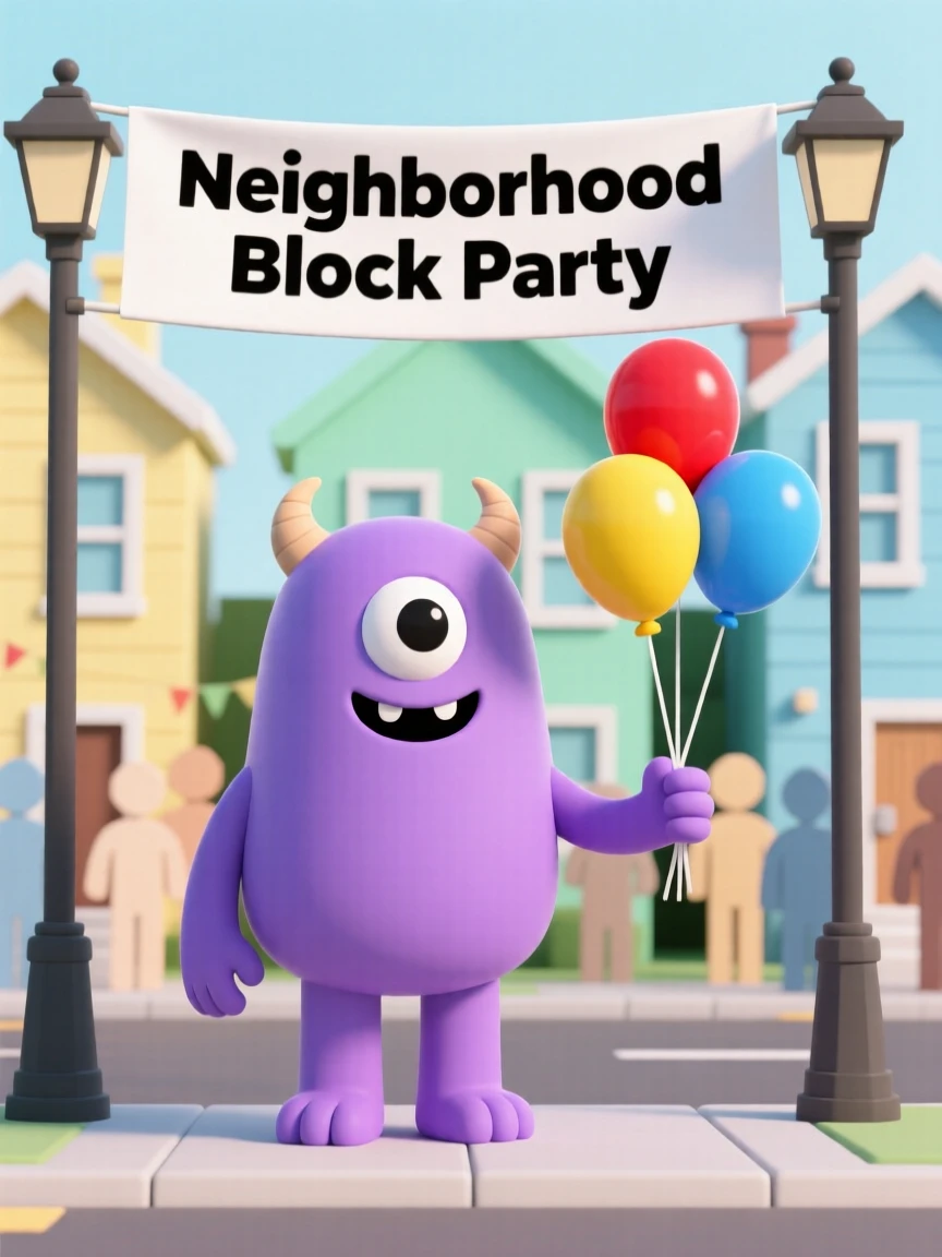A friendly one-eyed monster with soft purple fur hands out balloons at a lively neighborhood block party.