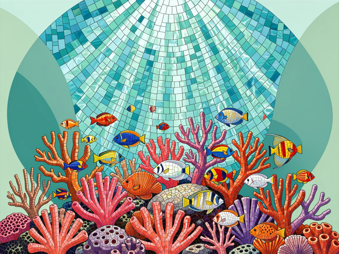 A dreamlike underwater view of a vibrant coral reef teeming with colorful tropical fish, glowing with soft blue-green light.