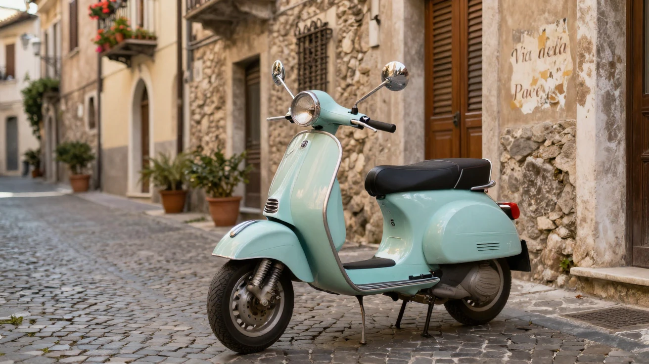 A classic Vespa scooter parked on an Italian cobblestone alley