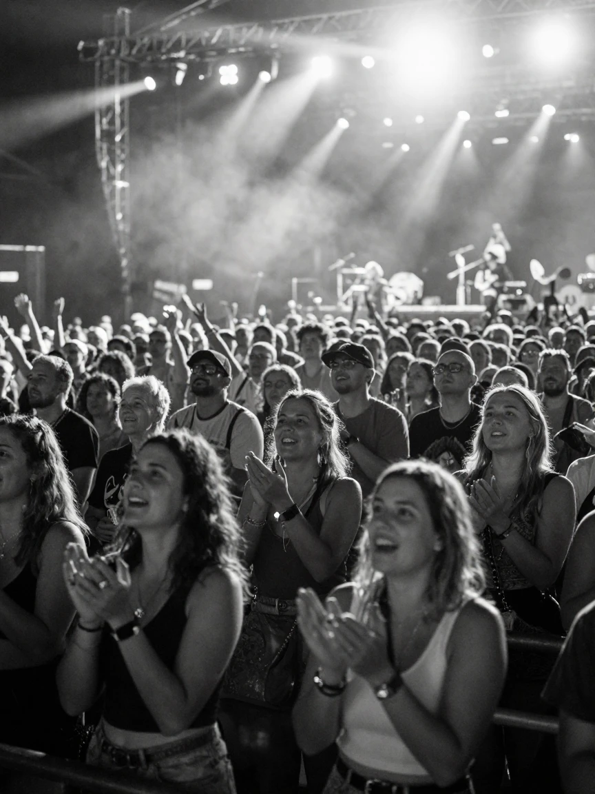 A crowd at a music festival sways together under bright stage lights at an open-air concert venue.