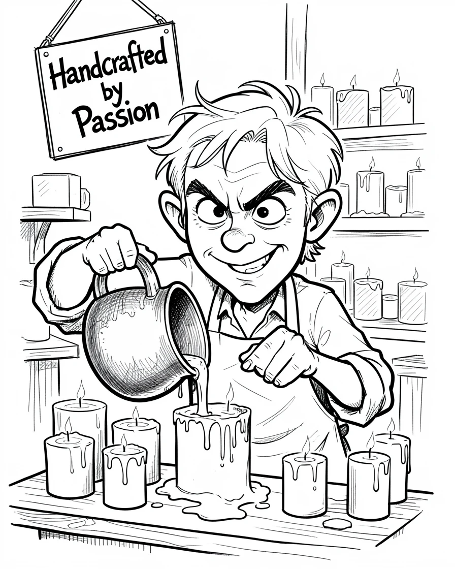 [Occupations & Hobbies] Detailed scene of a passionate candle maker pouring melted wax into molds, showcasing skill and dedication