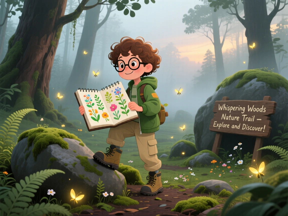 A young botanist with a sketchbook spends the day climbing over mossy boulders through a foggy morning woodland, as fireflies begin to appear at dusk.
