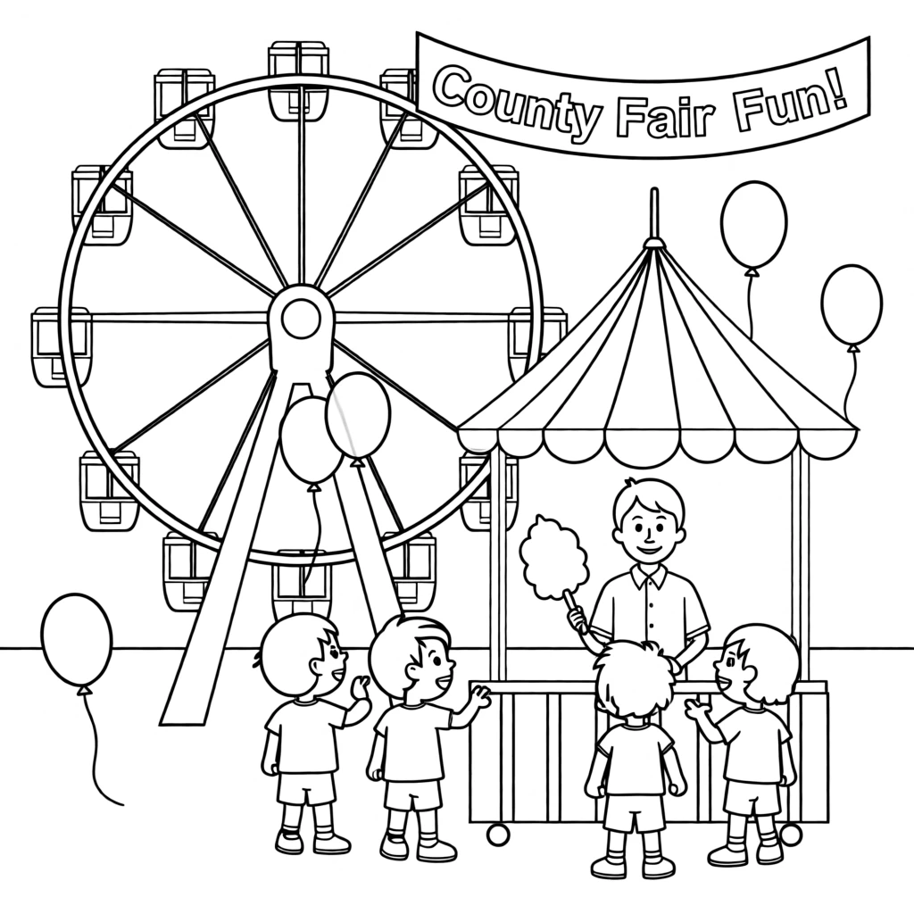 A county fair with a Ferris wheel and cotton candy stand