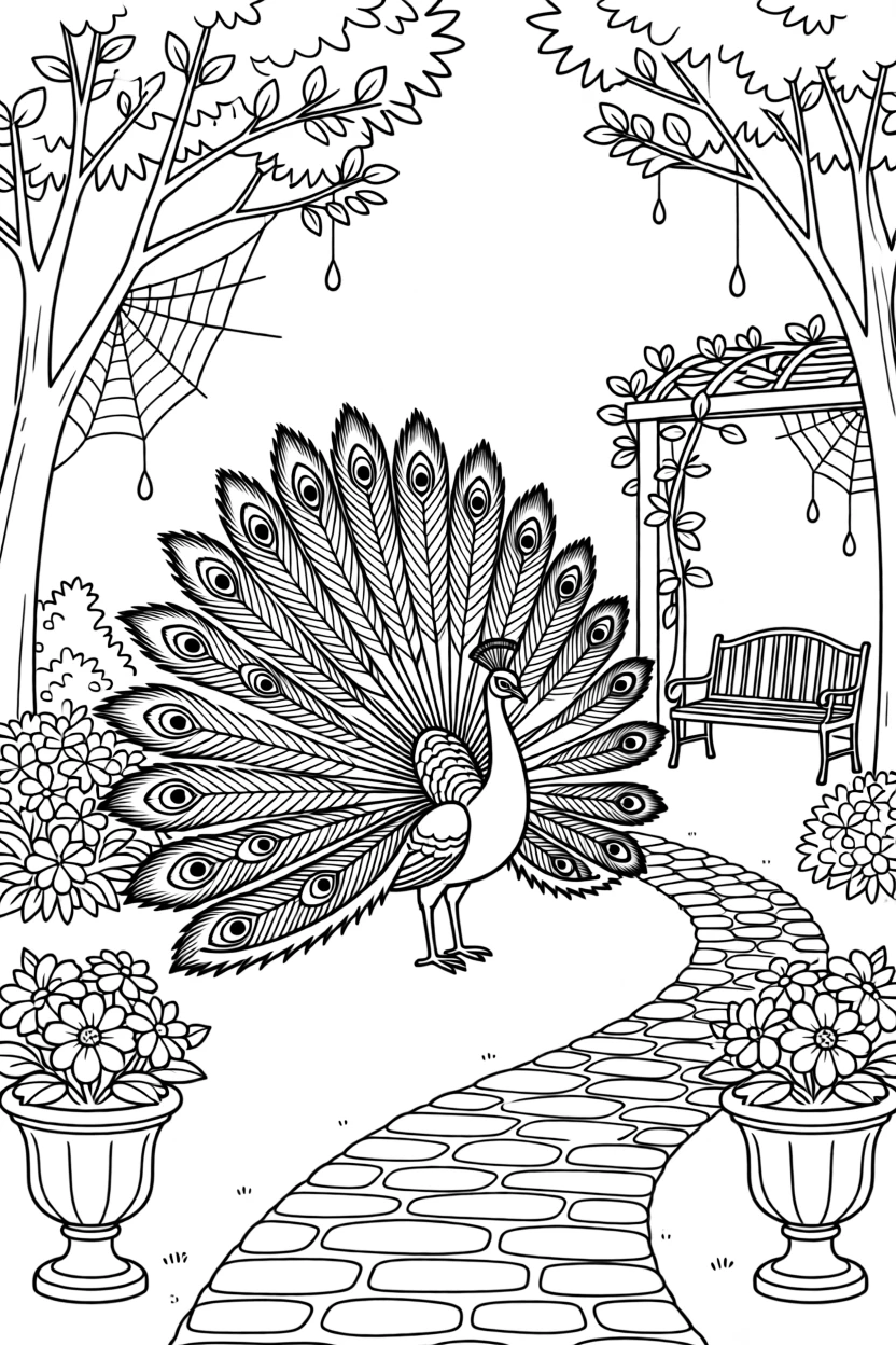 A peacock spreading its full tail in a garden courtyard, with delicate spider webs strung between branches.