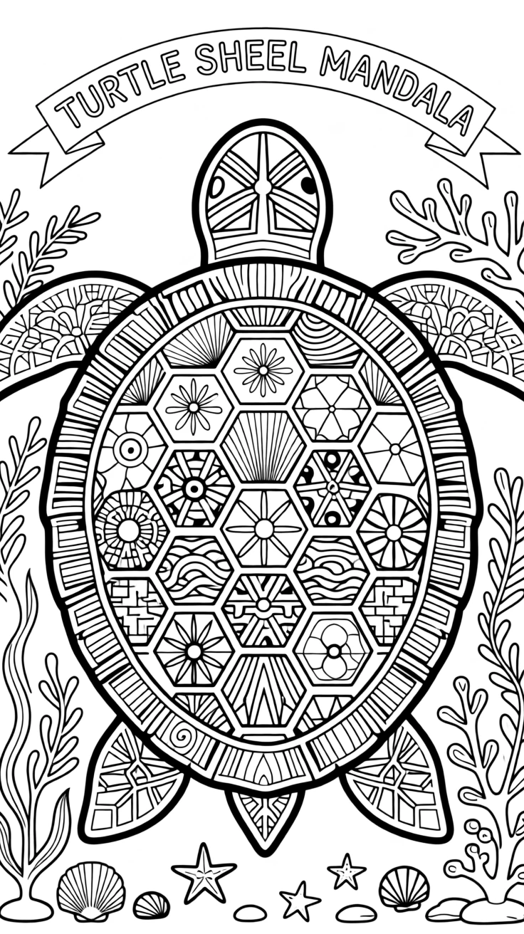 A mandala shaped like a turtle shell with hexagonal segments.