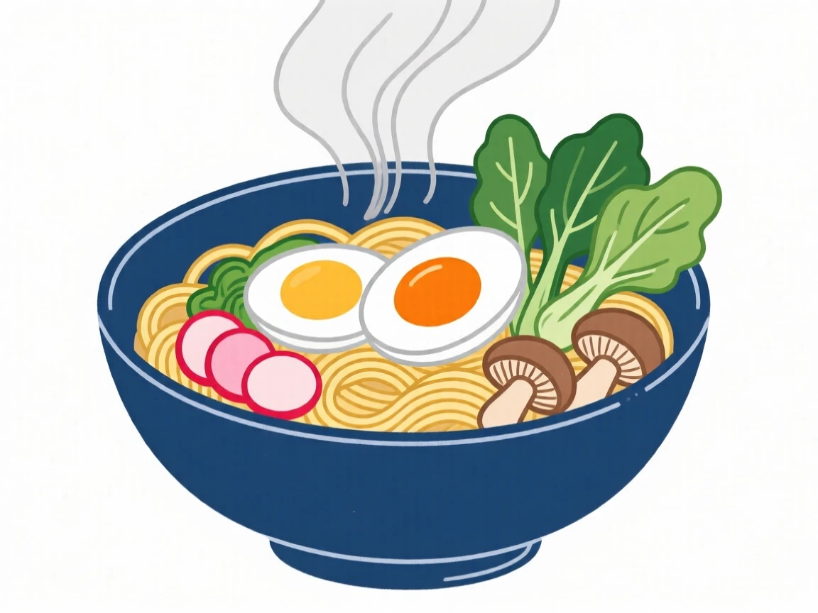 A steaming bowl of ramen with soft-boiled egg and vegetables.