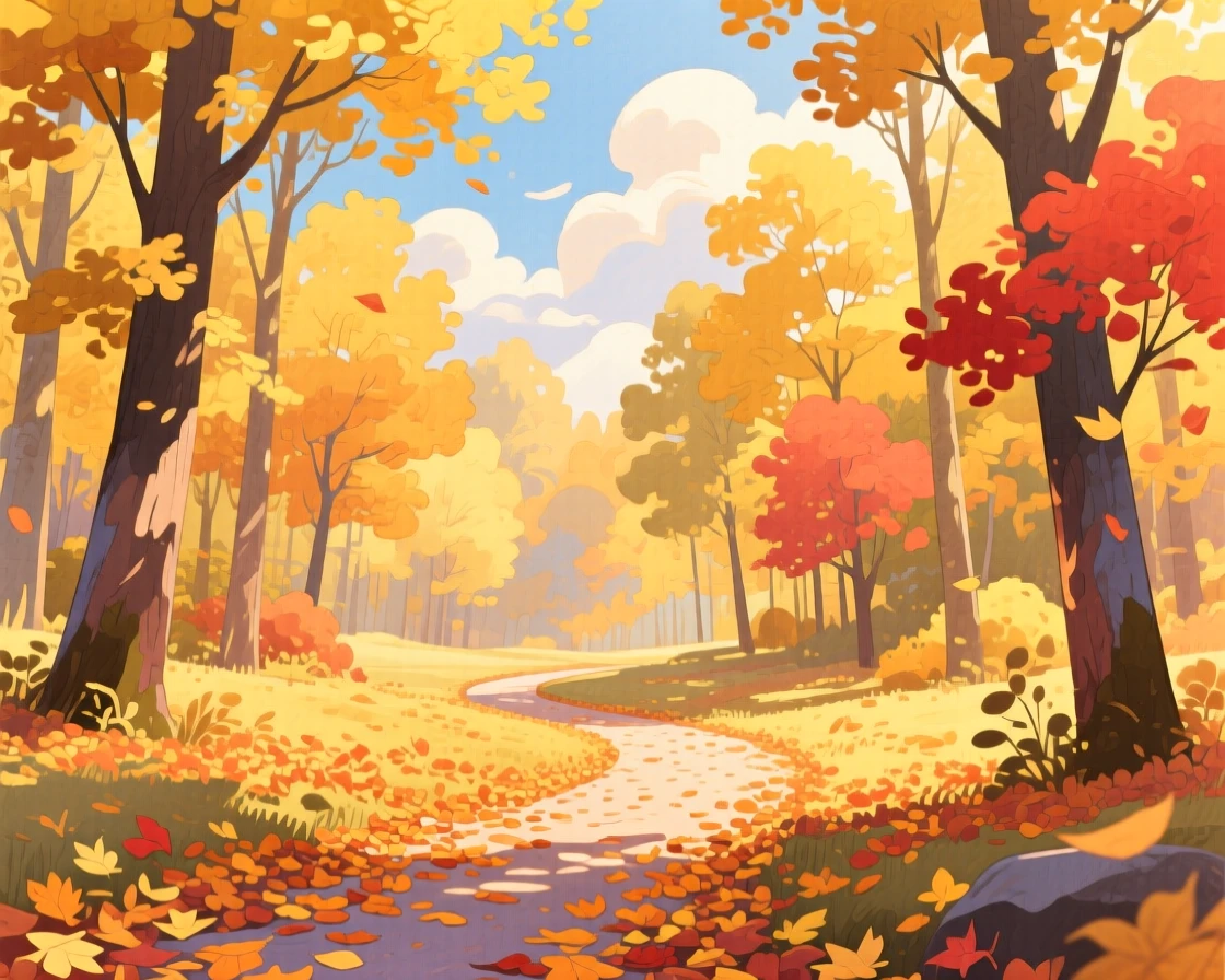 A golden autumn forest with a winding path of fallen leaves, with golden light breaking through scattered clouds, capturing the breathtaking beauty of untouched nature.