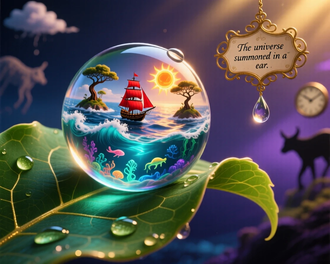 A whole ocean contained within a single dewdrop on a leaf reveals itself only when held up to the light, while everything beyond its edges fades into soft shadow.