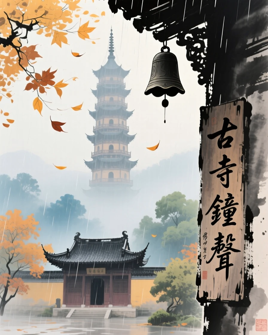 A bell tower rising above the mist of an ancient monastery, filled with tranquil stillness, as autumn leaves turn golden, through a curtain of fine rain.