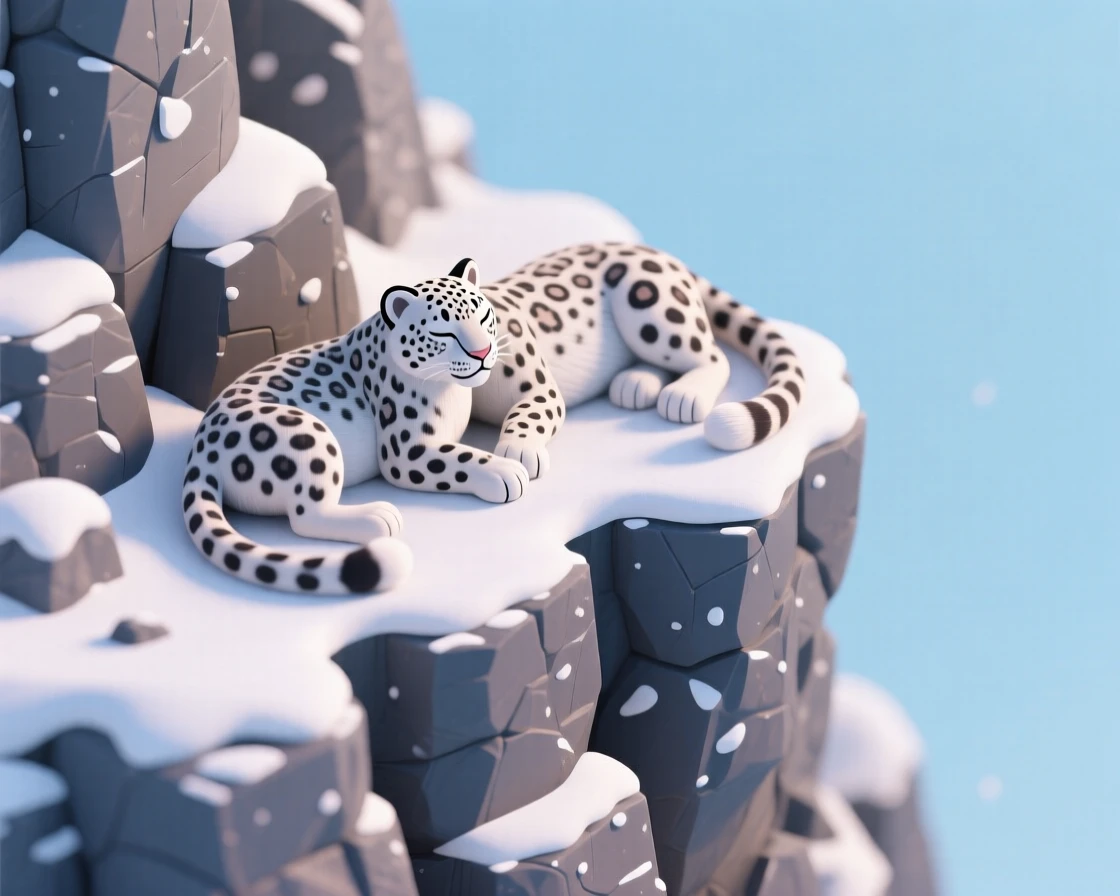 A pair of snow leopards resting on a rocky mountain ledge, their thick spotted fur blending into the snowy cliffside.