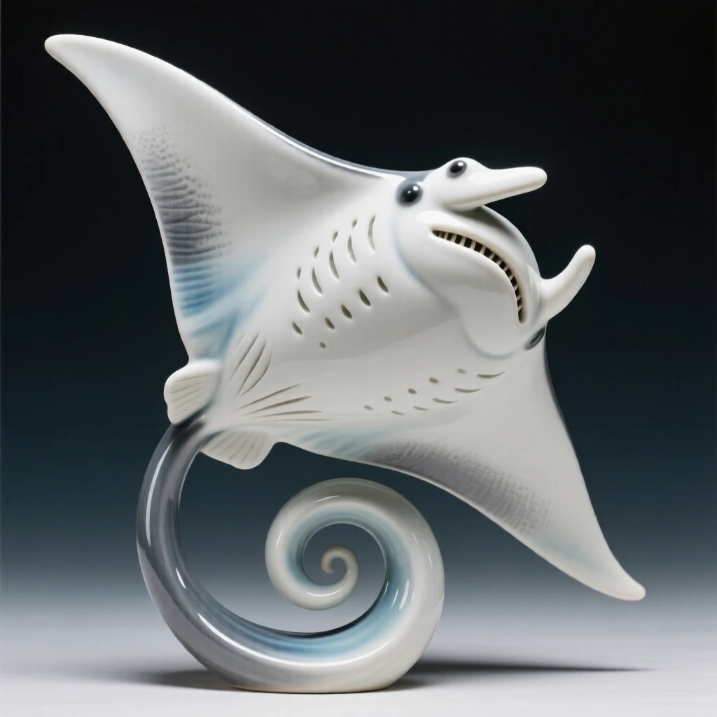 A majestic manta ray gliding overhead gliding in a slow, elegant spiral, its surface dappled with shifting light patterns, radiating playful, gentle joy.