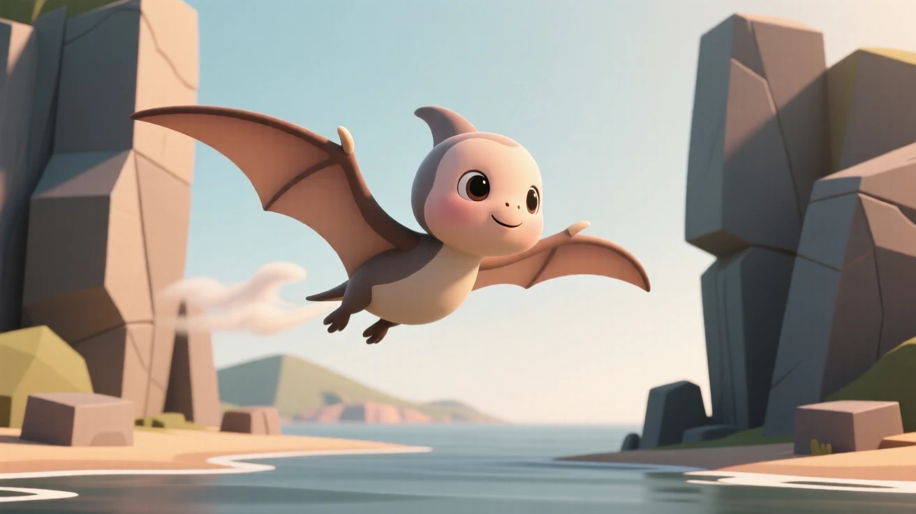 A baby Pterodactyl glides between rocky cliffs, wings catching warm updrafts above a prehistoric coastline.