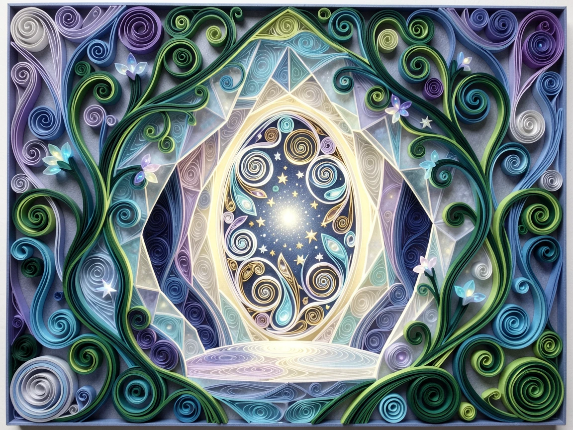 a starlit portal opening between two magical realms, within a crystal grotto glowing from within, framed by an arch of twisting glowing vines, with soft bioluminescent glow illuminating the scene.