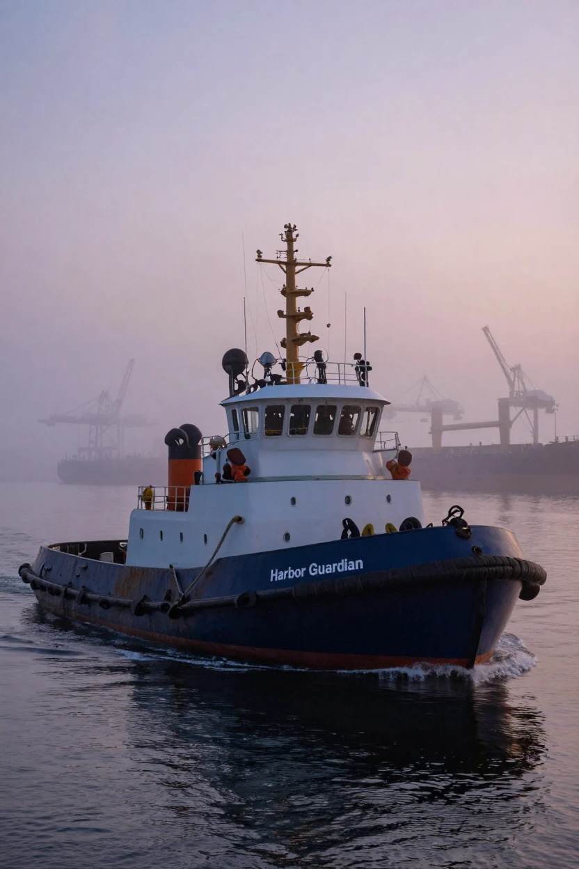A tugboat navigating a foggy harbor at dawn