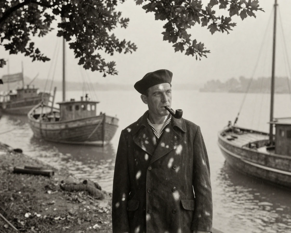 An old sailor with a pipe, gazing out over a harbor, in dappled light filtering through leaves, under a light drizzle, in the height of summer, with stark black-and-white contrast softened by a single warm hue, shot from directly overhead.