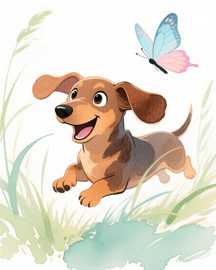 A dachshund puppy chasing a butterfly through tall grass