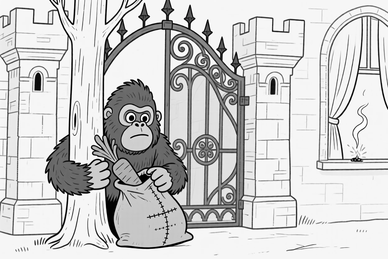 A shy Bigfoot peeking nervously from behind a tree, stuffing a carrot bigger than its own head into a sack, set before towering castle gates. A stray spark sets a curtain gently smoldering. The image invites you to imagine the tale behind the mishap.