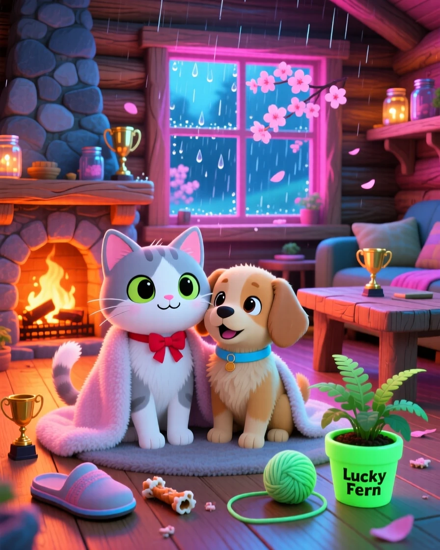 A cat and dog pair sharing a soft blanket by the fire in a rustic cabin living room during a gentle spring rain shower; neon-lit glow washes over the scene as playful mischief fills the moment. Full-body shot.