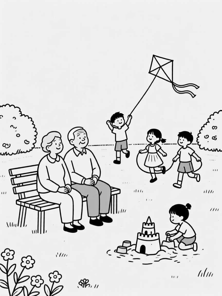 Grandparents watching their grandchildren play in a yard