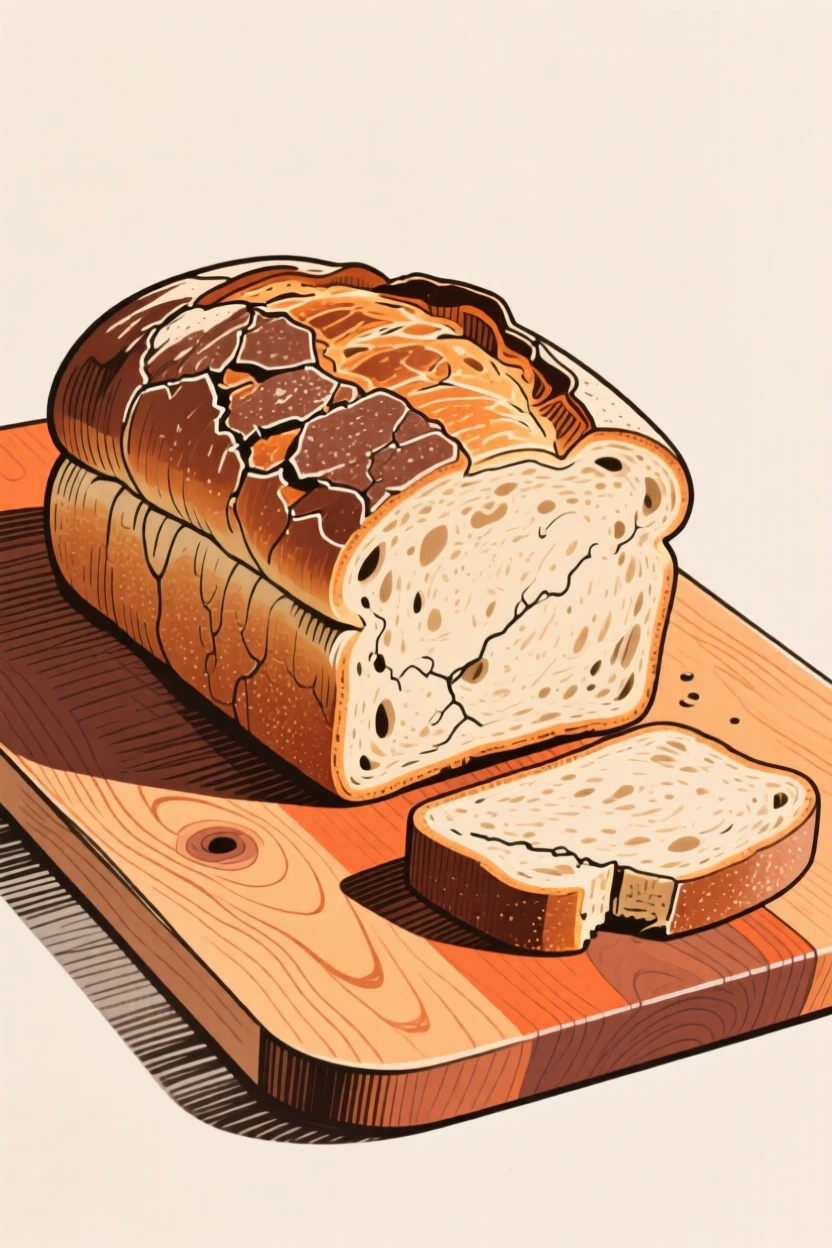 A rustic loaf of bread cooling on a wooden board.