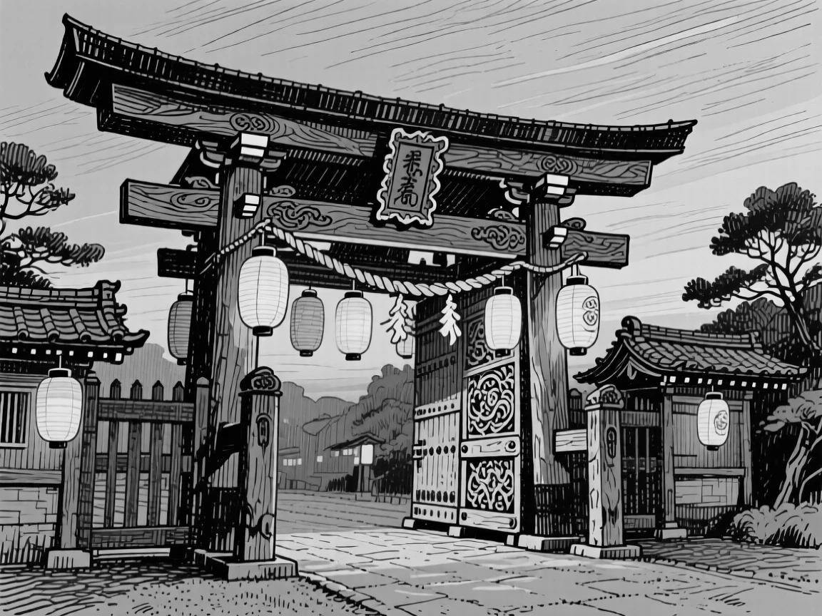 A traditional japanese temple gate with lanterns beginning to glow at dusk, featuring ornate carvings along the facade, rendered in a romantic and storied architectural composition.