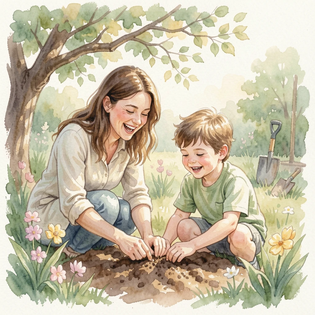 A mother teaching her son to plant a garden with laughter echoing softly.