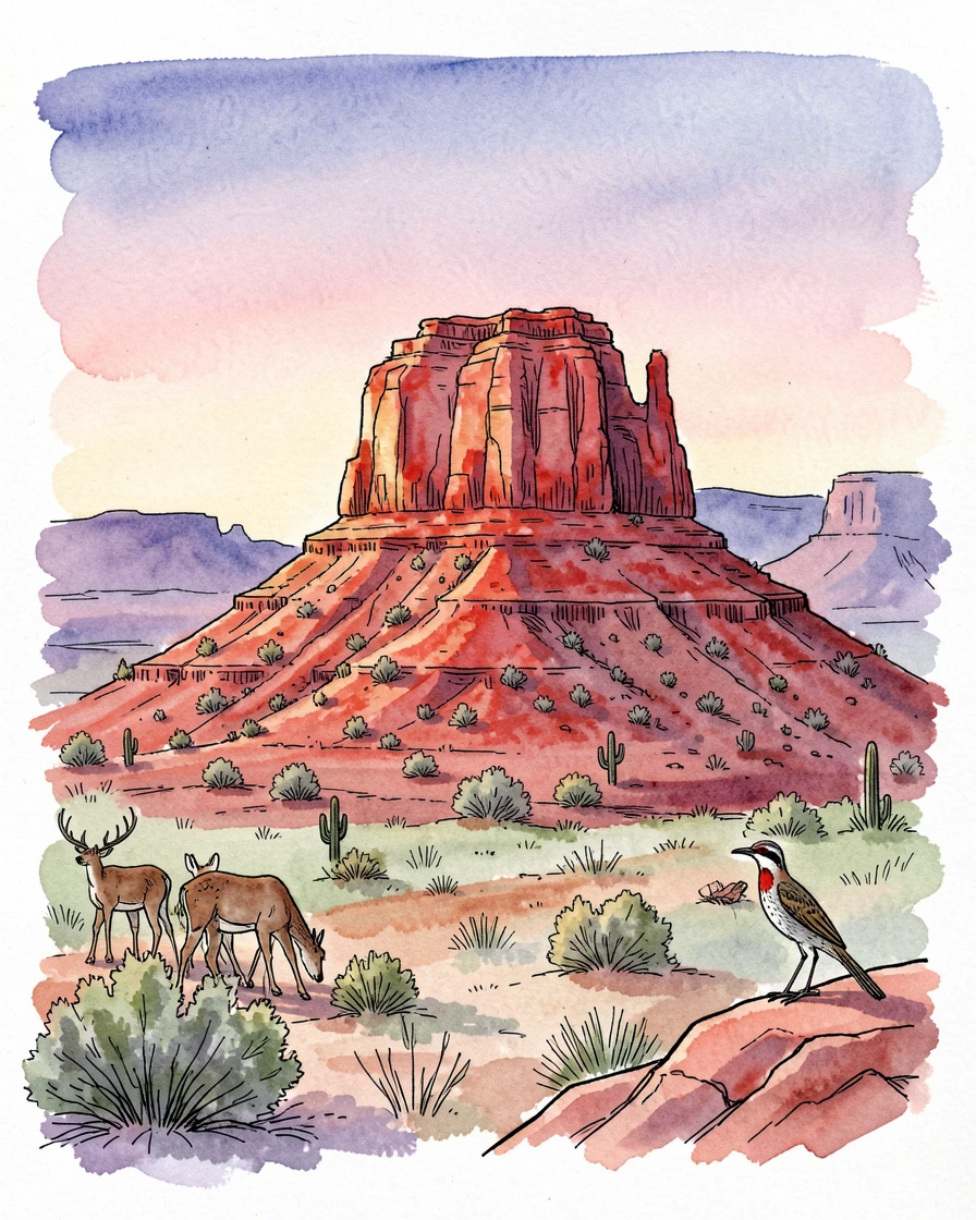 A high desert mesa glowing red in the last light of evening, wildlife moving quietly at the edges of the scene.