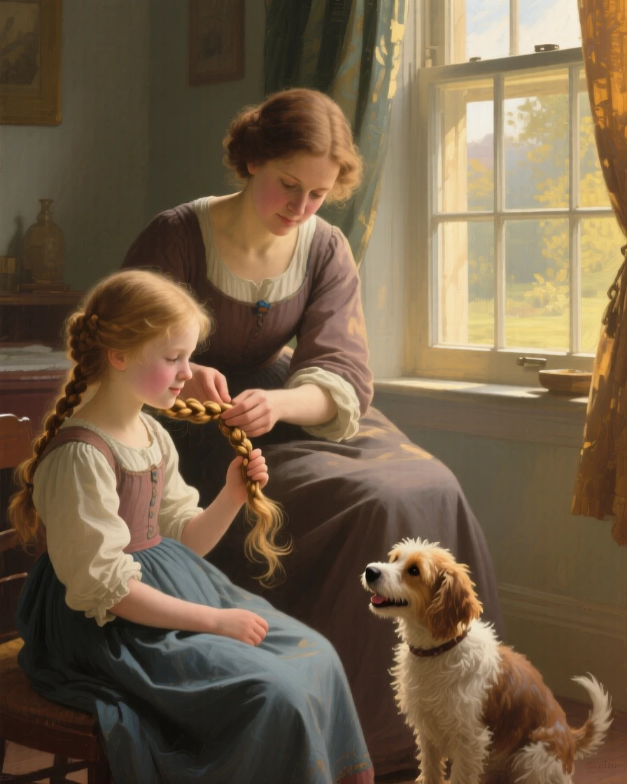 A mother braiding her daughter's hair by a sunlit window as laughter and love fill an otherwise ordinary afternoon, set within a cozy home lit by late afternoon sun, with a family pet weaving happily between the figures; warm, low light wraps the family in a comforting glow, capturing a fleeting moment worth holding onto forever.