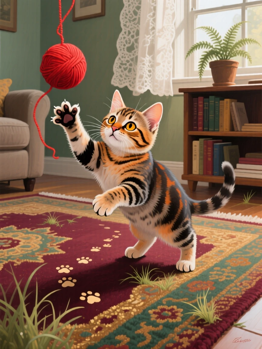 A curious tabby kitten bats playfully at a dangling ball of yarn, tiny paws reaching out mid-pounce on a cozy living room rug, small environmental cues, like tracks or disturbed grass, hinting at its recent movement.