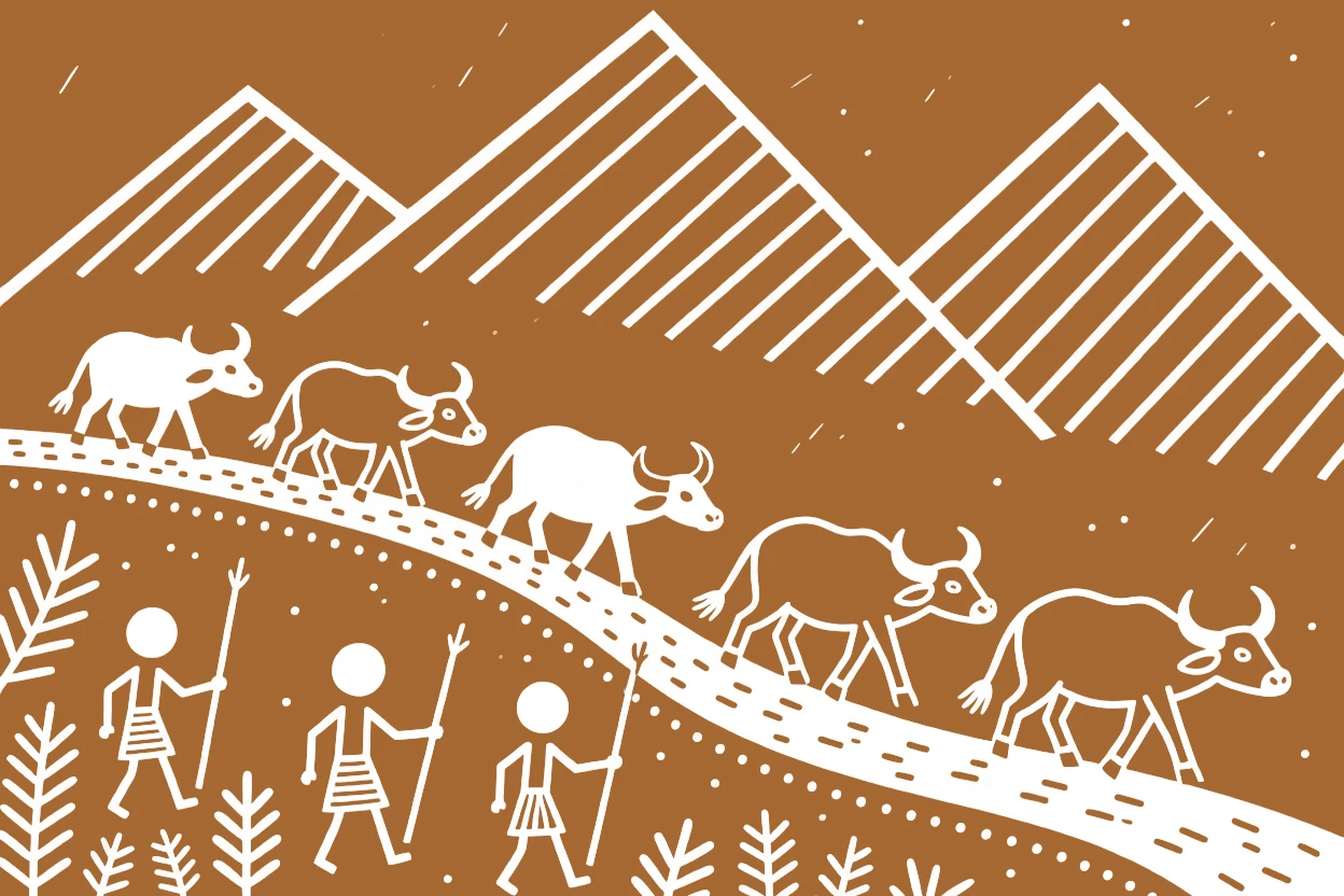 A herd of buffalo walking along a mountain trail.