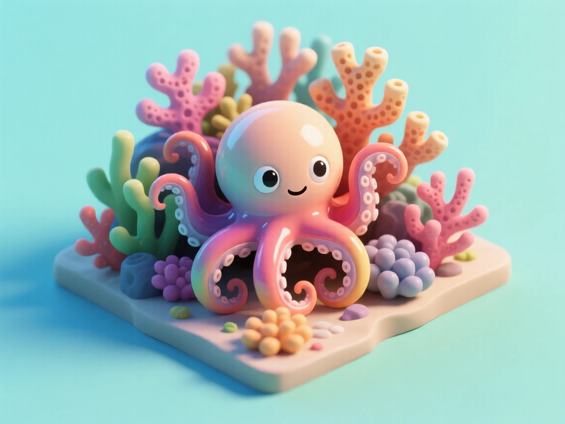 A curious octopus peeking out from behind a coral reef, its skin shifting colors to match the vibrant surroundings.